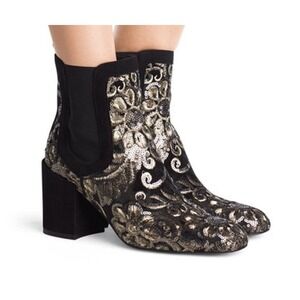 Stuart‎ Weitzman Mediate Embellished Velvet Metallic Booties Black Size 10 Boho
